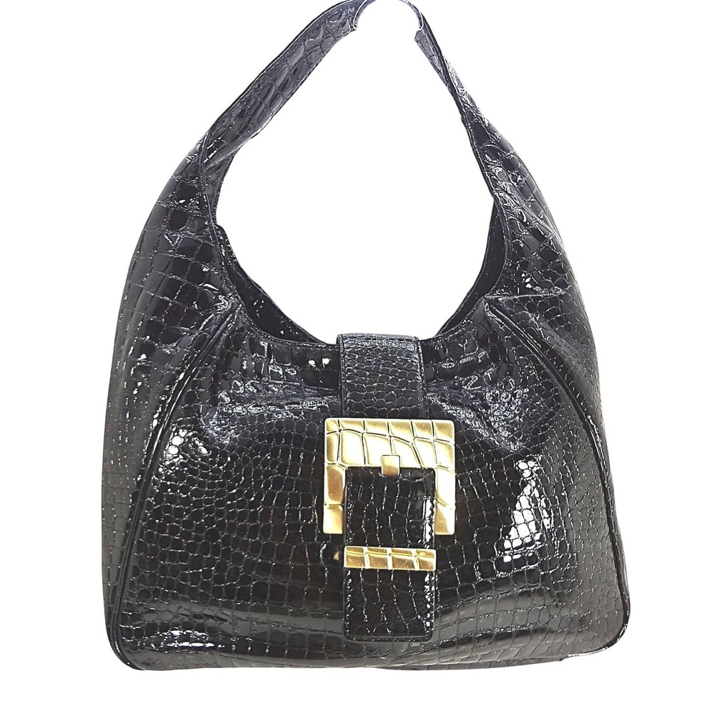 RARE Michael Kors Penninsula Hobo Shoulder Bag Black Croc Emboss Patent Leather